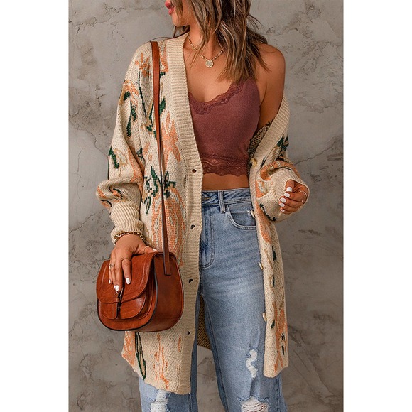 Floral Pattern Ribbed Trim Cardigan - Picture 3 of 5